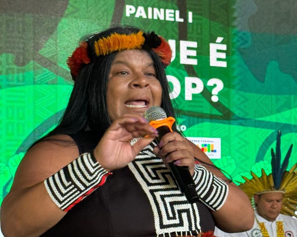 Ministra Sônia Guajajara durante participação no evento.